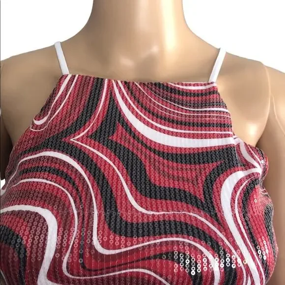 NWT Rue21 Crop Top Mini Skirt Set 2 Piece Set S Red Retro Sequin Halter Mini Y2K - Picture 6 of 10